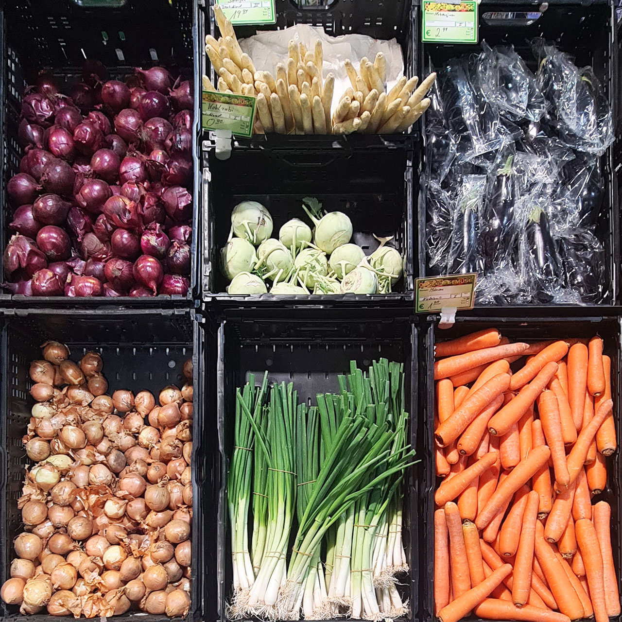 Zwiebeln, Spargel, Kohlrabi, Lauchzwiebel und Möhren